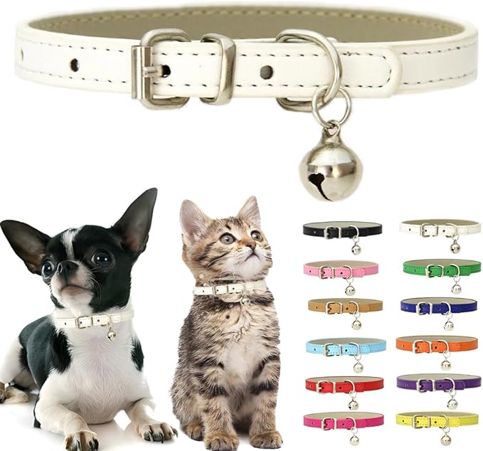 White Puppy Collar with Bell, Soft Pu Leather Cat Collars Adjustable Buckle for XXS XS Extra Small Medium Tiny Female Male Boys Girls Pets Dogs Kitten Teacup Yorkie S