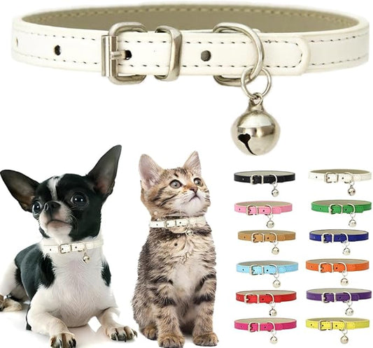 White Puppy Collar with Bell, Soft Pu Leather Cat Collars Adjustable Buckle for XXS XS Extra Small Medium Tiny Female Male Boys Girls Pets Dogs Kitten Teacup Yorkie S