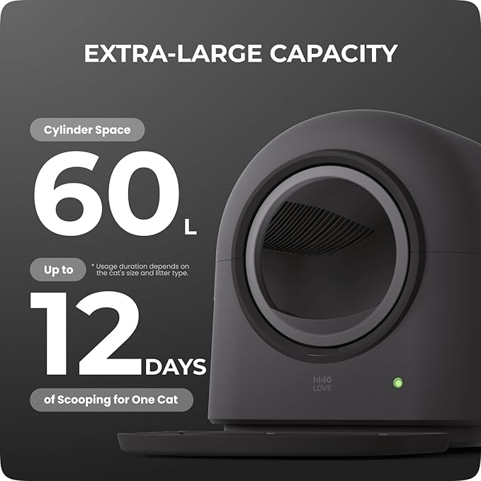 HHOLOVE TYPro Self Cleaning Cat Litter Box Automatic Hands-Free Smart Robot self Cleaning Cat Litter Box for Multiple Cats with APP Control Safe with Litter Mat Waste Bags and Deodorizer Dark Grey