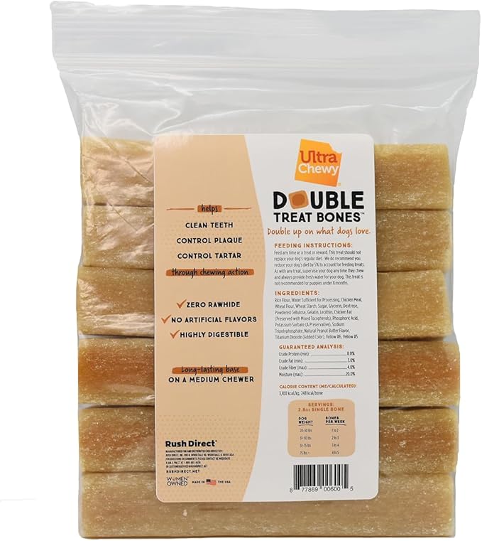 Ultra Chewy Peanut Butter Double Treat Bones: Long-Lasting Chews Made in USA, Highly Digestible, for Aggressive Chewers (Peanut Butter, 6 Count)