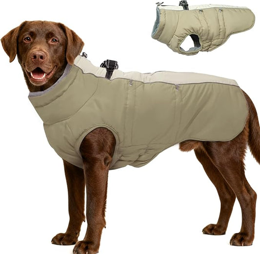 Dog Winter Jacket-3X Large, Warm Zip Up Snowsuit Dog Harness Vest - Reflective, Water-Resistant, Snow Jacket for Large Dogs, Labrador, Husky, Apricot