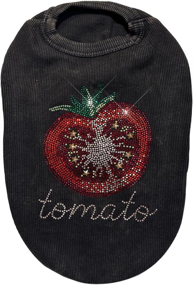 Washed Cotton Pet Vest with Rhinestone Fruit Designs, Soft & Stylish Small Dog Cat Vest for Spring Summer, Breathable & Shiny (Black-Tomato, X-Large)