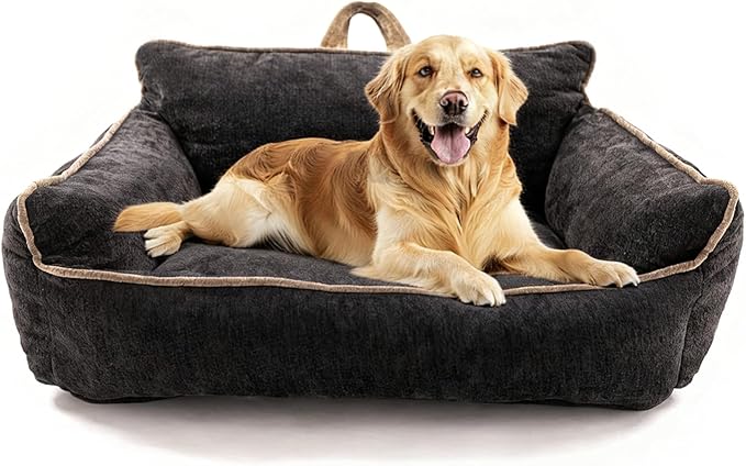 Large Orthopedic Dog Sofa Bed with Sides, Carry Handle & Side Pockets .Plush Chenille Orthopedic Pet Bed Couch for Large Dogs.Portable Snuggler for Indoor Use, Travel & Recovery (Black)