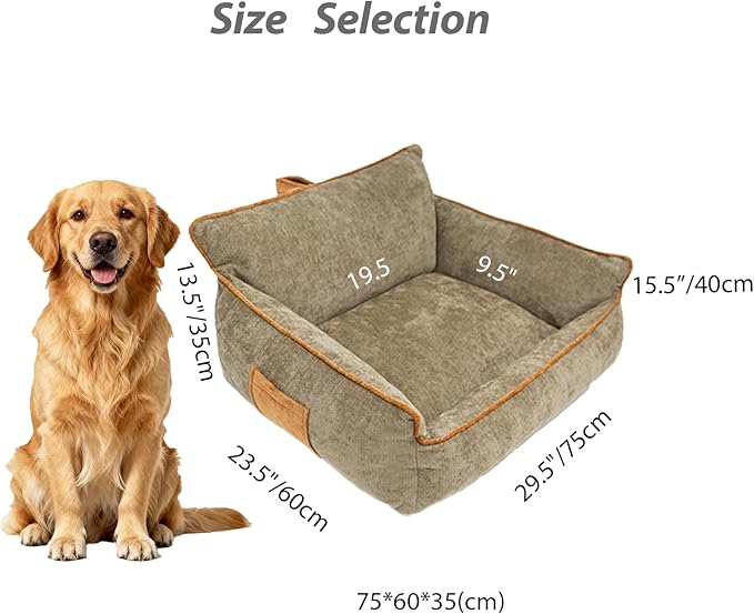 Large Orthopedic Dog Sofa Bed with Sides, Carry Handle & Side Pockets .Plush Chenille Orthopedic Pet Bed Couch for Large Dogs.Portable Snuggler for Indoor Use, Travel & Recovery(Brown)