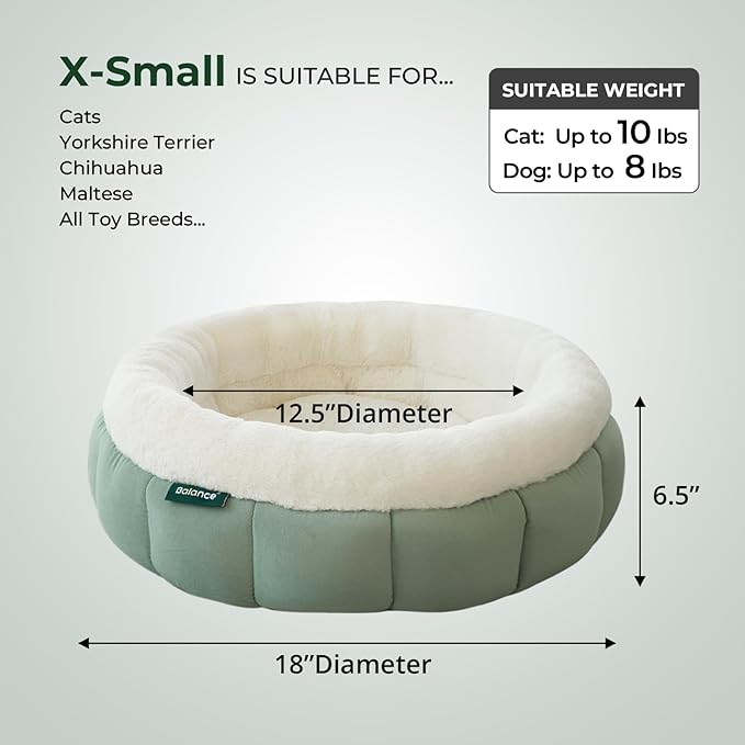 BALANCE Cat Beds for Indoor Cats, Washable Round Cat Bed, Cute Kitten Bed with Anti-Slip Bottom for Kitty and Puppy, 18 Inches, Granite Green