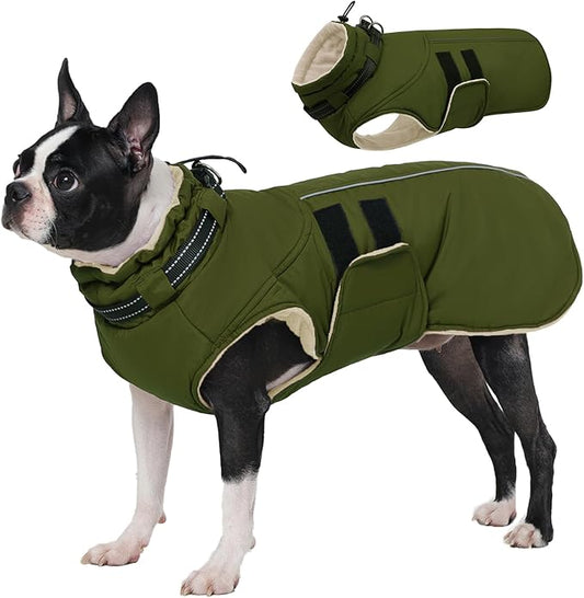 IECOii Waterproof Dog Coat for Medium Dogs, Reflective Dog Jacket with Collar Built in, Thick Fleece Dogs Coat for Winter Easy On Hook & Loop Pet Snowsuit for Hunting, Hiking, Camping, Army Green - L