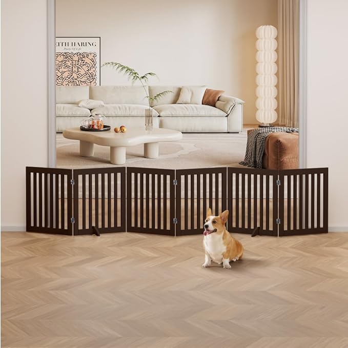 unipaws 120" Extra Wide Pet Gate, Free Standing Dog Gate for Doorways, Stairs, Foldable Puppy & Room Divider, Wooden Playpen for The House, Indoor Use (24" H, Espresso)
