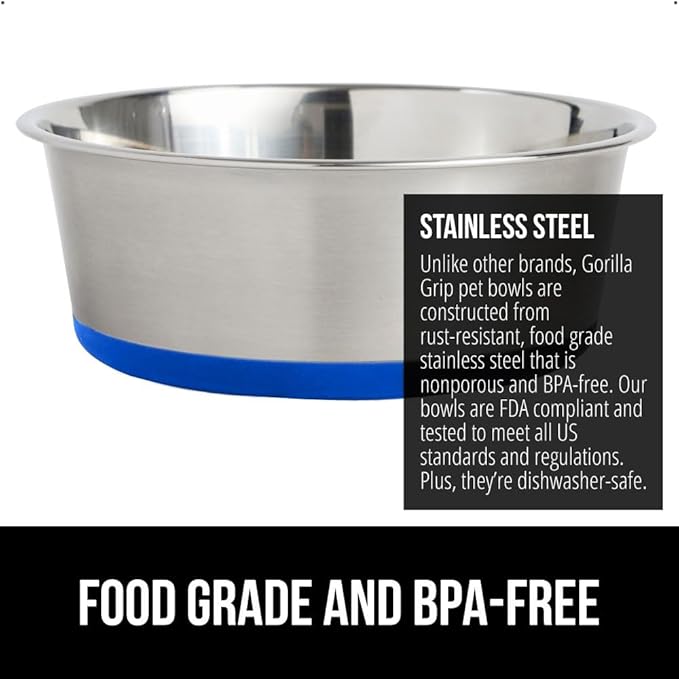 GORILLA GRIP Set of 2 Dog Bowls, Holds 6 Cups (48 fl oz), Heavy Duty Metal Food and Water Bowl for Feeding Dogs and Cats, Dishwasher Safe, Rust Resistant Stainless Steel, BPA Free Rubber Base, Blue