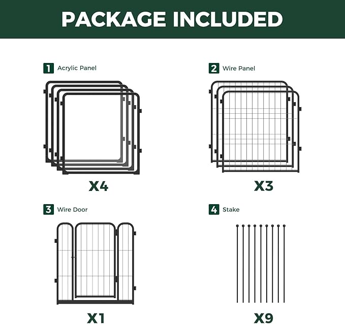 FXW Pawadise Acrylic & Wire Mesh Indoor Dog Playpen, Heavy Duty 24 Inch 8 Panels Metal Dog Pen for Puppy and Small Dogs, Black│Patented