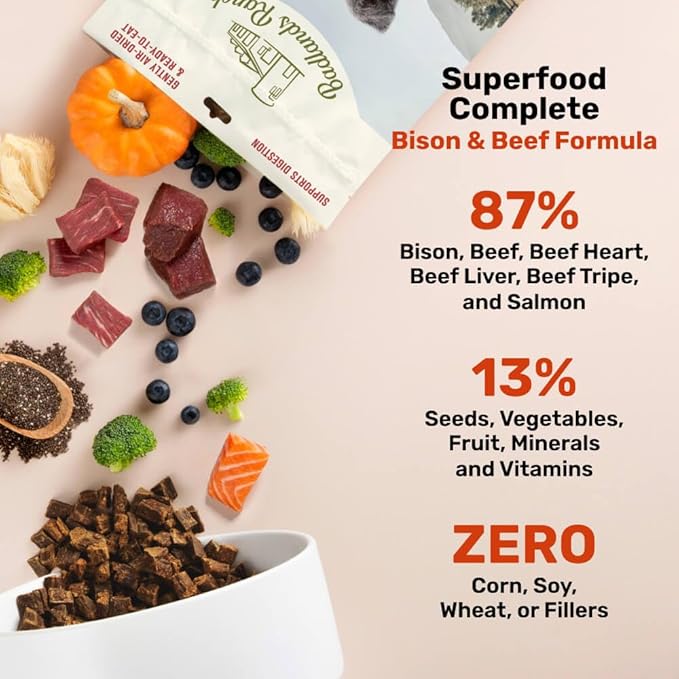 BADLANDS RANCH - Superfood Complete, Air-Dried Adult Dog Food - High Protein, Zero Fillers, Superfood Nutrition by Katherine Heigl (24 oz, Beef & Bison Formula)