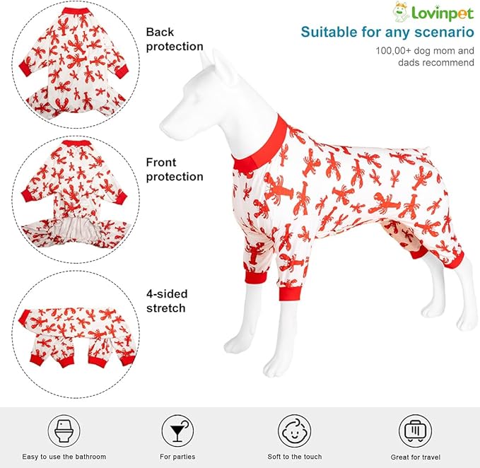LovinPet Dog Recovery Bodysuit for Large Dogs Boy, Wound Care Cotton Pullover Dog Pajamas, Cozy Stretchy Fabric, Red Lobster Print, Large Dog Onesie for Surgery Recovery, Pitbull Party Clothes,2XL