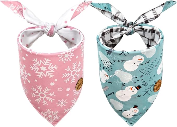 CROWNED BEAUTY Christmas Dog Bandanas Reversible Large 2 Pack, Winter Whimsy Set, Adjustable Triangle Scarves for Medium Large Extra Large Dogs Girl Boy Pets DB80-L