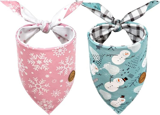 CROWNED BEAUTY Christmas Dog Bandanas Reversible Large 2 Pack, Winter Whimsy Set, Adjustable Triangle Scarves for Medium Large Extra Large Dogs Girl Boy Pets DB80-L