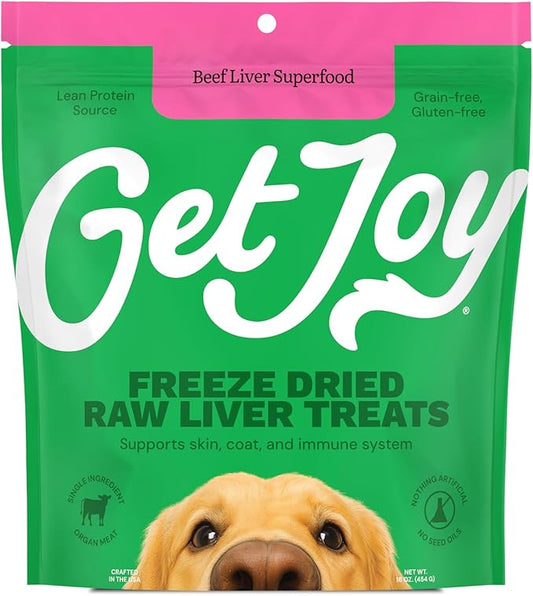 Get Joy Freeze Dried Superfood 100% Beef Liver Dog Treats, 16 Ounce Bag, Single Ingredient Organ Meat, High Protein, Vision, Skin & Coat Health, Muscle Repair, Grain Free, Gluten Free, Made in USA