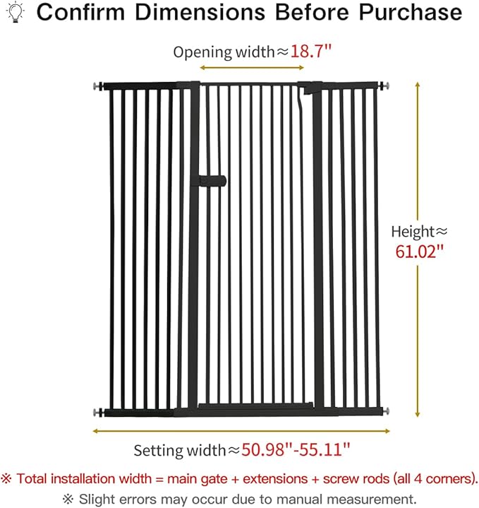 Lumizone Extra Tall Cat Gate 61.02" High Pressure Mounted Extra Wide 2025 New(17 Sizes)1.37" Gap No Drilling Auto-Close One-Handed Operation Tall Pet Gate for Dogs(Black, 50.98"-55.11"/129.5-139.5CM)