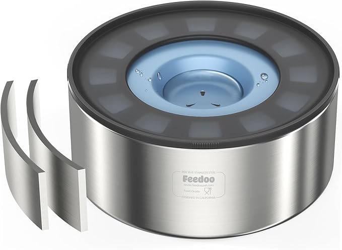 2L No Spill Water Bowl for Dogs, Double-Wall Stainless Steel with Splash-Proof Paws Lid and Floating Disk, Non-Slip Base, Easy to Clean Slow Water Feeder for Small Medium Dogs