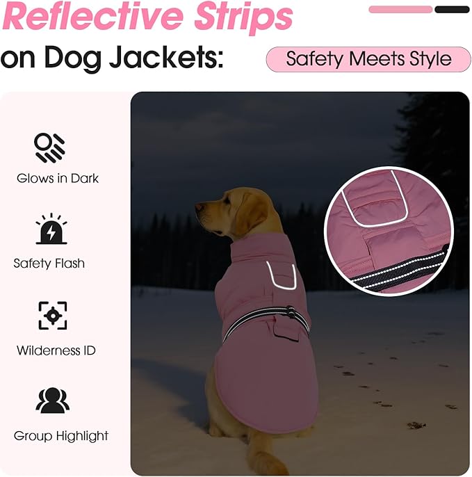 Medium Dog Coat, Warm Dog Winter Jacket, Waterproof Dogs Snowsuit with Foldable High Collar, Reflective Strips, Leash Hole, and Adjustable Hook & Loop Closure - Ideal for Cold Weather - Pink M