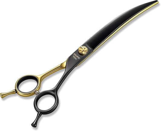 7.5'' Professional Curved Dog Grooming Scissors with Decorative Screw Sharp and Durable Black and Golden 440C Stainless Steel Dog Shears Easy Use for Groomers and Home User