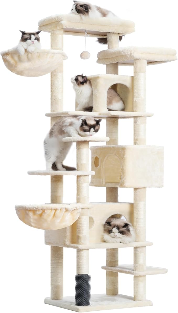 Hey-brother Cat Tree, 74 inches Multi-Level XL Large Cat Tower for Indoor Cats with Three Cat Condos, Two Large Top Decks and Cat Hairbrushfor Kittens, Cats and Pets, Beige MPJ035-MM