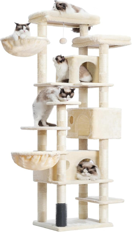Hey-brother Cat Tree, 74 inches Multi-Level XL Large Cat Tower for Indoor Cats with Three Cat Condos, Two Large Top Decks and Cat Hairbrushfor Kittens, Cats and Pets, Beige MPJ035-MM