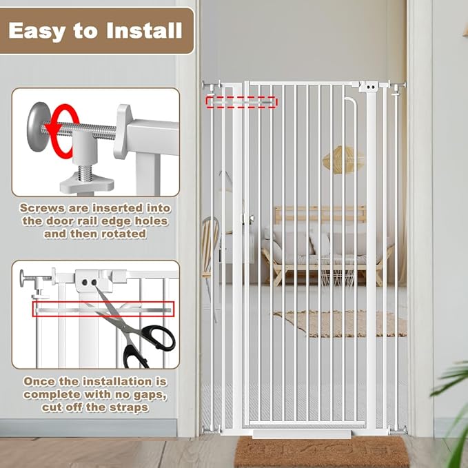 57"" Extra Tall Cat Gate for Doorways, 48.03'' - 52.76'' Wide High Pressure Mounted Dog Gate, Tall Pet Gates for Doorways No Drilling, Auto Close Safety Baby Gates for Dogs Cats(White)