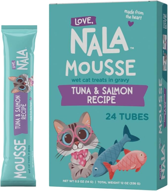 LOVE, NALA Lickable Cat Treats – Grain-Free Squeeze Up Mousse Puree for Cats – Natural, Tasty Wet Cat Treats – Tuna & Salmon Flavor – 24-Pack