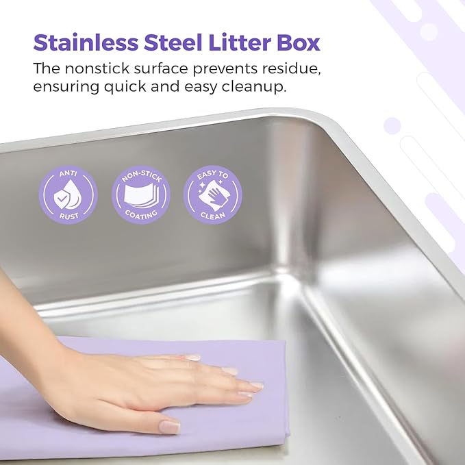 iPrimio - Stainless Steel Litter Box for Cats - Enclosed Sides and Easy to Clean - Includes High-Sided Litter Box, Scooper for Extra Litter Scatter Protection - XL Size for Big Cats - 23.5"x15.5"x6"