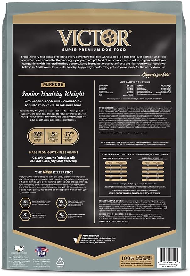 VICTOR Super Premium Dog Food – Purpose – Senior Healthy Weight Management – Dry Dog Food for Adult Dogs – Gluten Free with Glucosamine and Chondroitin, for Hip and Joint Health, 15lbs