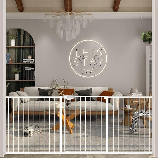 DEARBB Triple Lock Baby Gate for Stairs Doorways and House 31" to 86" Extra Wide Pressure Mounted Easy Walk Through Auto Close Safety Pet Gate White 67.32-76.77"