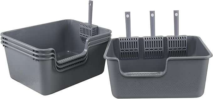 Readsky Large Cat Litter Box with High Sides, Open Top Cat Litter Tray with Scoop, 4-Pack, Gray