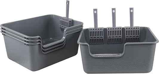 Readsky Large Cat Litter Box with High Sides, Open Top Cat Litter Tray with Scoop, 4-Pack, Gray