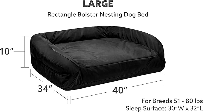 K9 Ballistics Tough Bolster Nesting Pillow Large Sofa Dog Bed with Removable Washable Cover - Durable, Water Resistant with Nonskid Bottom 40"x34", Obsidian Black