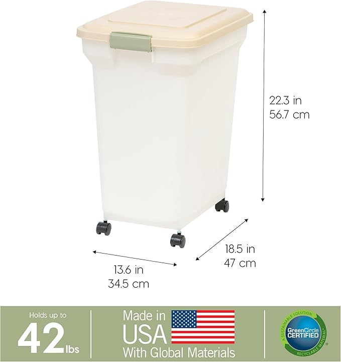 IRIS USA Airtight Dog Food Storage Container, WeatherPro, Up to 40 lbs, Removable Wheels, for Dog Cat Bird and Other Pet Food Storage Bin, Keep Fresh, Translucent Body, Made in USA, Pearl/Almond