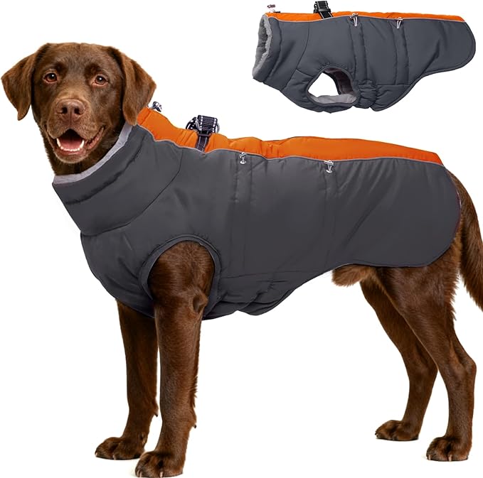 Dog Winter Jacket - 3X Large, Warm Zip Up Snowsuit Dog Harness Vest, Reflective, Water-Resistant, Orange-Gray
