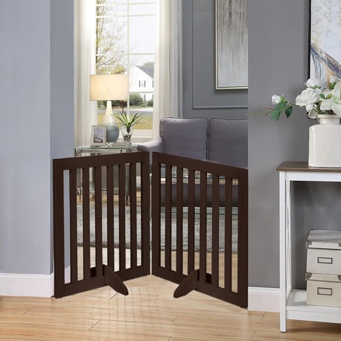 unipaws 24”H Free Standing Pet Gate for Dog Cat, Wooden Dog Gates for Doorway, Stairs, Step Over Foldable Pet Fence for The House, Expandable Doggy Barrier, Indoor Use, Espresso