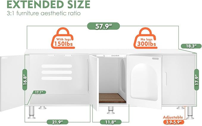 Double Litter Box Enclosure, Litter Box Enclosure for 2 Litter Boxes, Modern Litter Box Furniture for 2 Cats, with Cat Door & Motion Light (White)