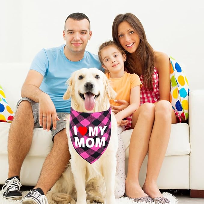GreenJoy Cute Plaid Dog Bandana – Washable Pet Triangle Scarf for Small, Medium, Large Dogs and Cats, Adjustable Pet Accessory for Birthday, Wedding and Christmas (Pink (I Love My Mom), Large)