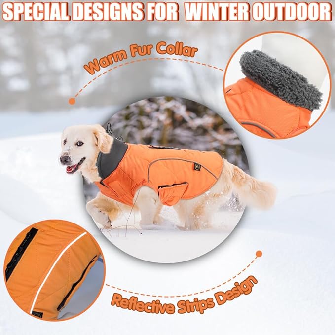 EMUST Winter Coat for Large Dogs, Windproof Dog Jacket for Cold Weather, Extra Warm Dog Winter Clothes for Small Medium Large Dogs, Orange, XXL