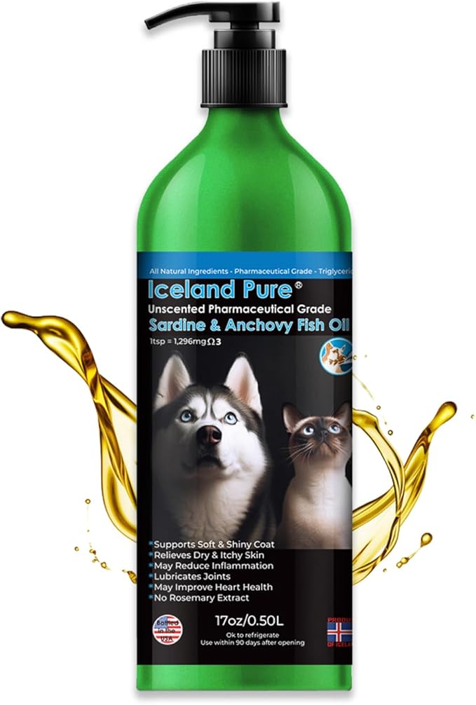 Sardine Anchovy Oil | 1296mg Omega | Unscented Pharmaceutical Grade | For Dogs & Cats | BPA-Free Brushed Aluminum Epoxy Coated Bottle with Pump 17 OZ
