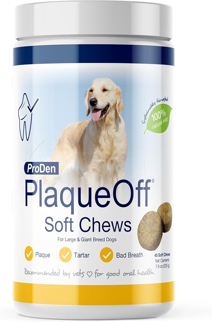 ProDen PlaqueOff Soft Chews with Natural Kelp - for Large & Giant Breed Dogs - Supports Normal, Healthy Teeth, Gums, and Breath Odor in Dogs - 45 Soft Chews