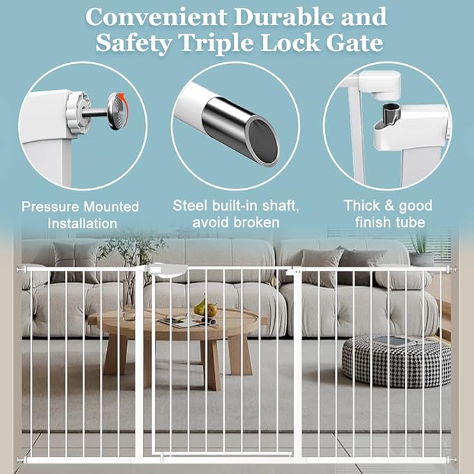 WAOWAO Triple Lock Baby Gate Extra Wide 86.22-90.55" Pressure Mounted Walk Through Swing Auto Close Safety White Metal Dog Pet Puppy Cat for Stairs,Doorways,Kitchen 86.22-90.94"/219-231cm