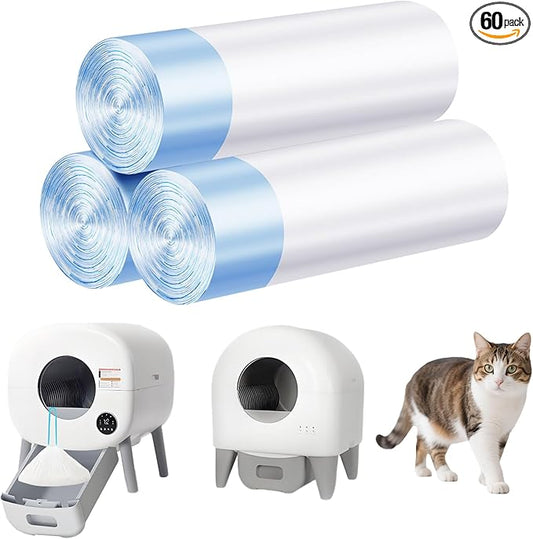 60 Count Cat Litter Bags For Poop Compatible with Litter Robot Waste Bags,Litter Box Liners With Drawsting For Automatic or Self-Cleaning Cat Box, Heavy-Duty, Extra Thick,26.37"X15.74"