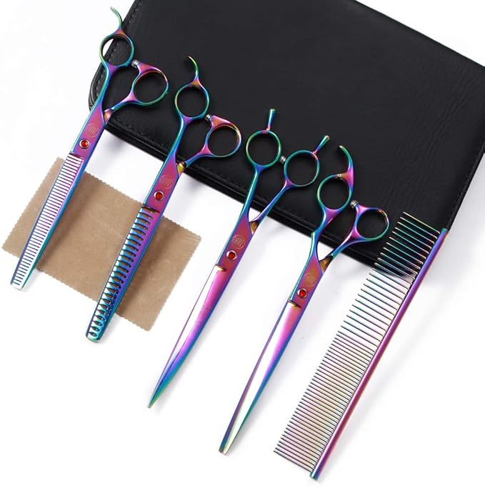 Professional Dog Scissors Set - 7/8 Inch Pet Grooming Shears, Chunkers, Curved and Thinning Scissors With Comb