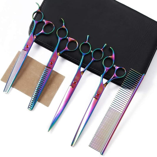 Professional Dog Scissors Set - 7/8 Inch Pet Grooming Shears, Chunkers, Curved and Thinning Scissors With Comb