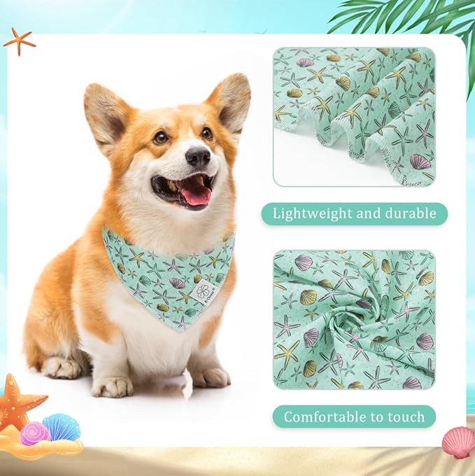E-Clover Summer Starfish Dog Bandanas & Matching Scrunchie Set Blue Dog Scarf Bibs Pet Bandana with Bow Tie for Medium Large Dogs Owner Mom
