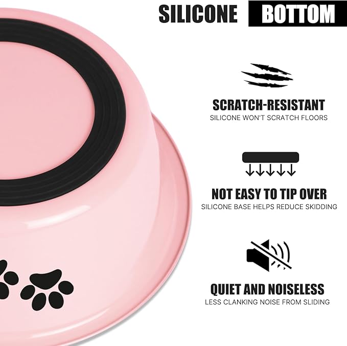 Stainless Steel Dog Bowls, Nonslip Rubber Bottom No Spill Proof Skid Metal Insulated Dog Bowls for Large Medium Small Breed Dogs (Pink, 3.6 Cups/29 OZ)