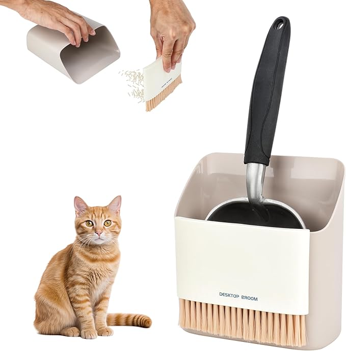 4 in 1 Wall-Mounted Litter Box Organizer Cleanup Kit, Metal Cat Litter Scoop with Holder Mini Broom, Litter Scooper with Dustpan Cat Caddy, Aluminum Poop Sifting Kitty Shovel Capture Clump