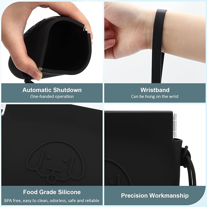 WALLFID Silicone Dog Treat Pouch, Auto Closure, with Pet Training Clicker, Walking Bag for Dog and Cat, Pocket Size, Easy to Clean, Odorless, Travel Bag (Black)