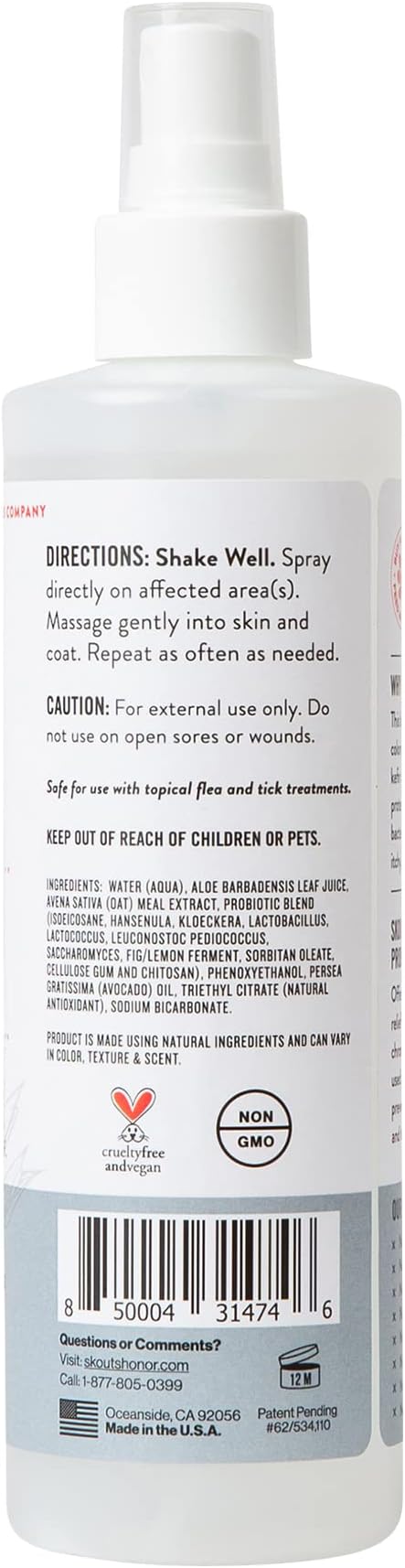 SKOUT'S HONOR Probiotic Itch Relief Spray for Pets - Non-Medicated, Fragrance-Free, Natural, Vegan, Long-Lasting Relief, with Soothing Aloe & Avocado Oil, 8 oz