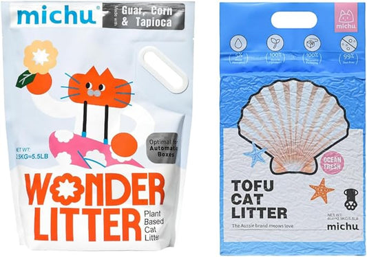 Michu Tofu Cat Litter Natural Clumping Tofu Cat Litter 5.5lb/88oz 5 Scents (Ocean Fresh + Wonder Litter, 2 Pack)